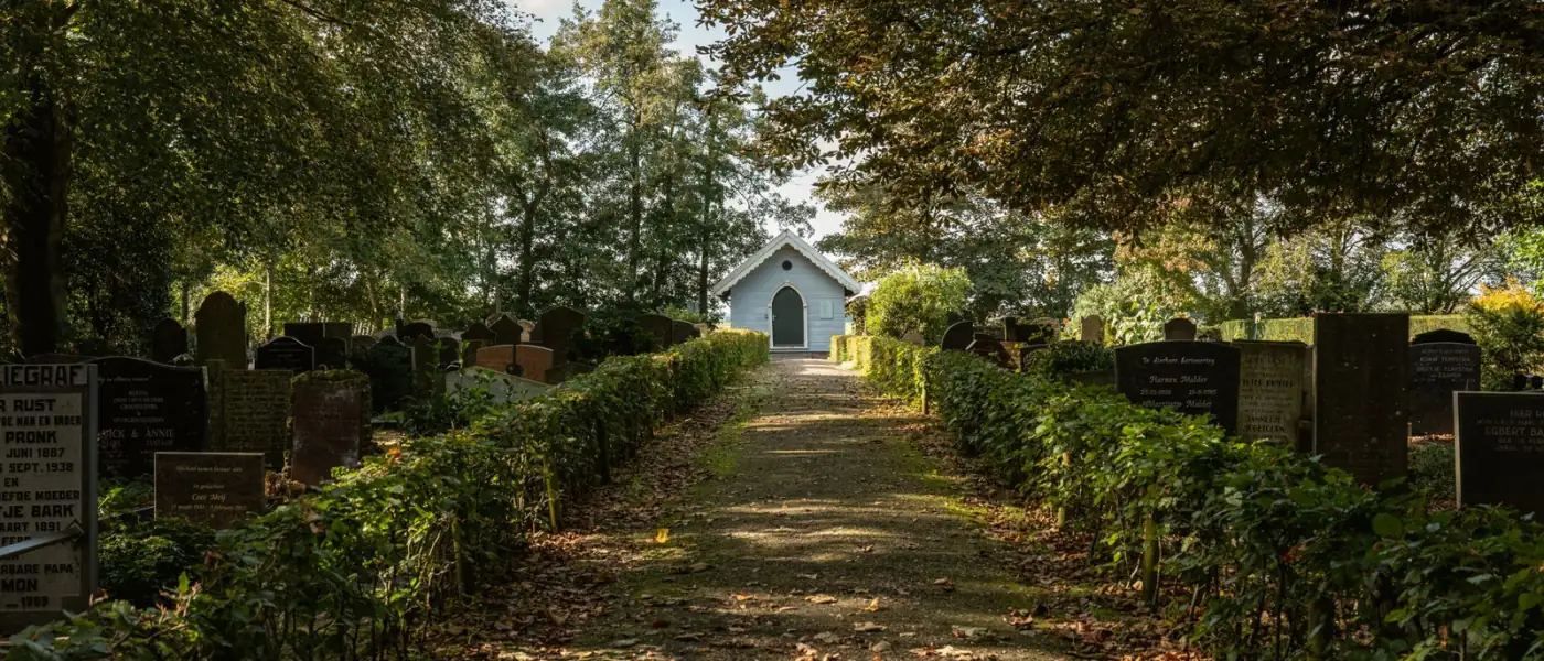 Weg über einen Friedhof zwischen Hecken und Bäumen, am Ende eine kleine weiße Kapelle.