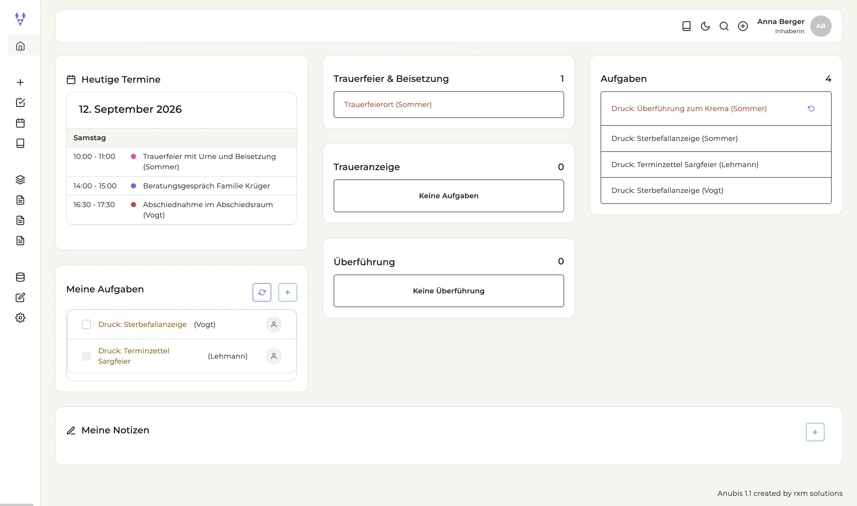 Dashboard der Bestattungs.App im hellen Farbschema: heutige Termine, offene Aufgaben und Checklisten der laufenden Sterbefälle