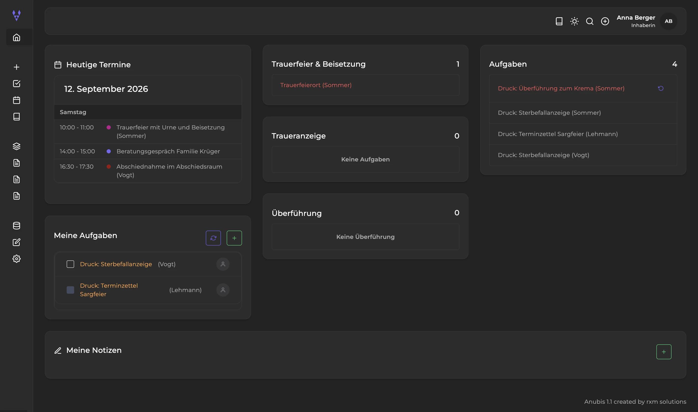 Dashboard der Bestattungs.App im dunklen Farbschema mit heutigen Terminen, eigenen Aufgaben und offenen Punkten zu Trauerfeier und Beisetzung